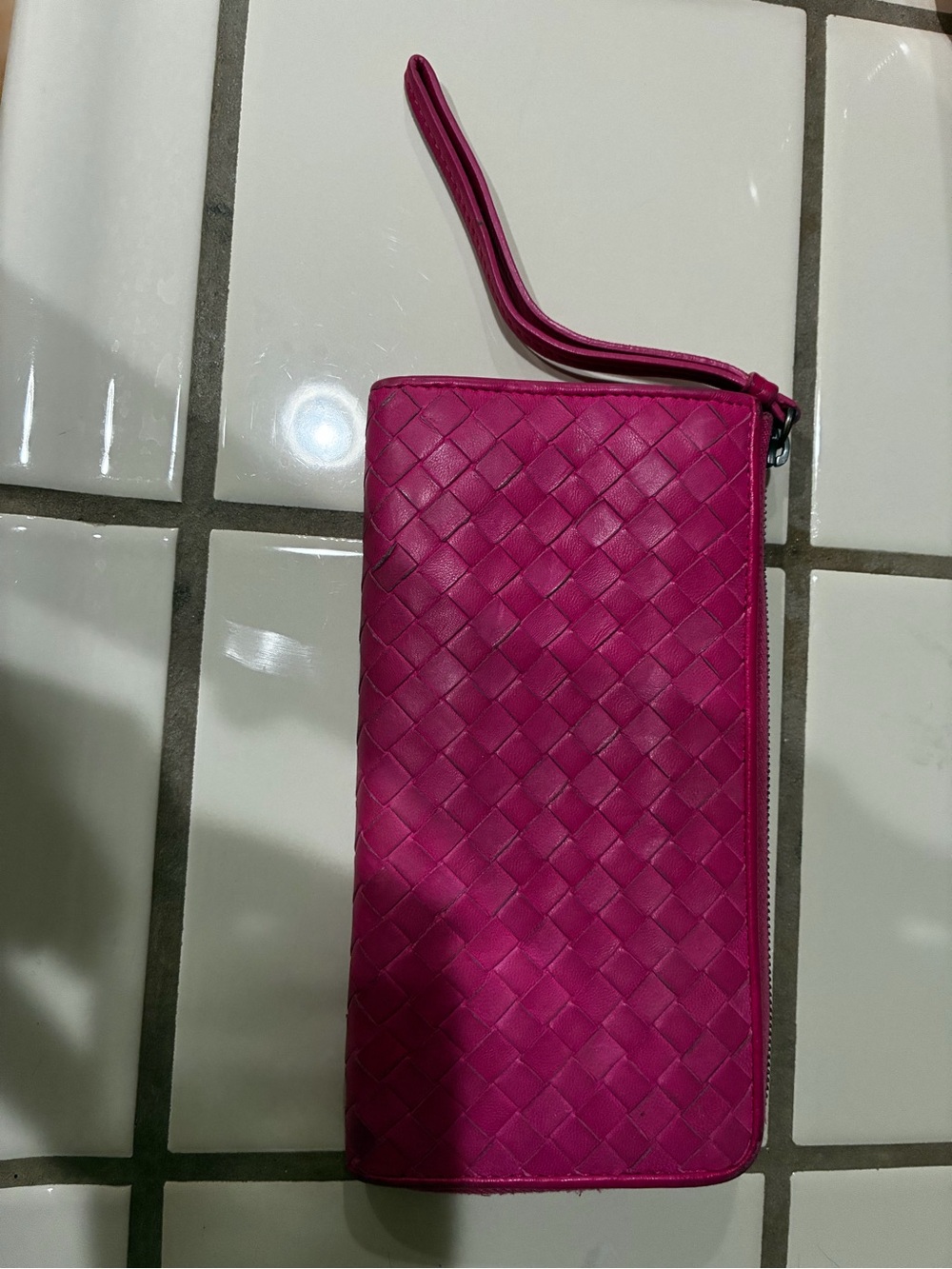 AuthenticBottega Veneta Intrecciato Fuchsia Pink Long Zip-Around Wallet Wristlet